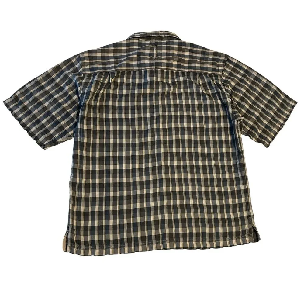 North Face Button Front Shirt Mens Size MED Short Sleeve Blue Gray Plaid Outdoor